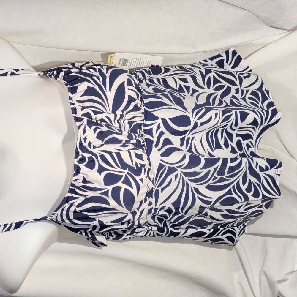 Tankini Top 18W 24W Blue White Palm Print Swim Bathing Swimsuit Ruched 2X 3X New